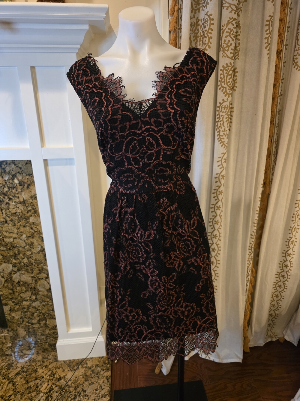 Victorian Goth Adrianna Papell Black Dress with Burgundy Floral Lace Overlay